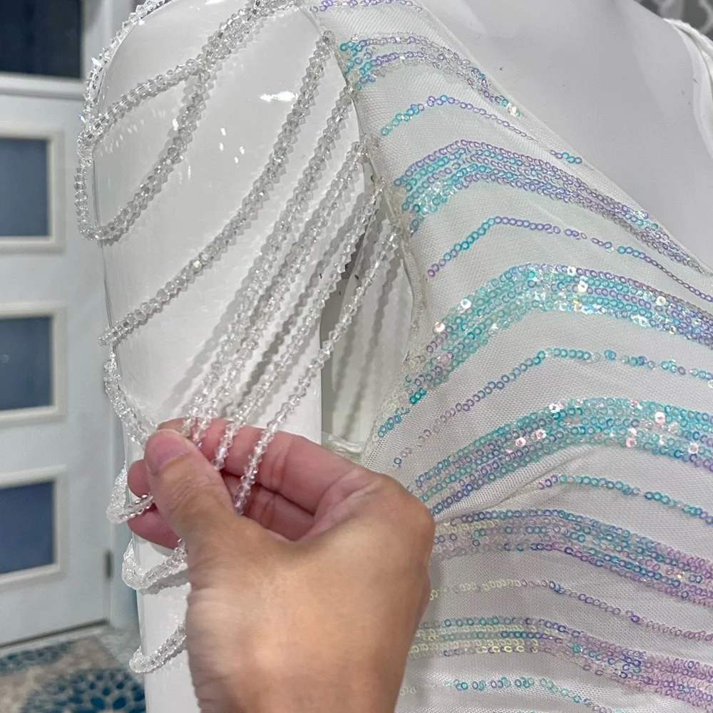 New 🌐 Iridescent White Sequin Dress with Beaded Shoulders. - Picture 16 of 16